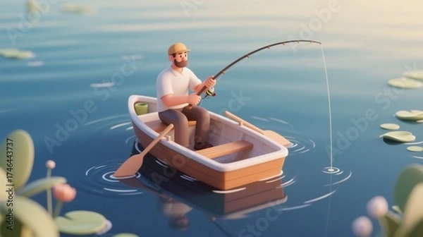 Fototapeta Soft 3D cartoon illustration of a fisherman character relaxing in a boat, fishing on a calm lake at sunset. Concept of hobby, mindfulness, digital detox, and slow living.