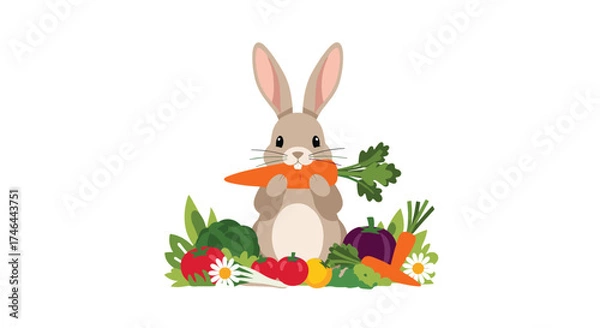 Fototapeta A cute rabbit enjoys a healthy carrot surrounded by fresh vegetables.