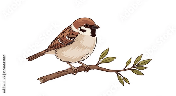 Fototapeta A small bird perches on a branch with green leaves.