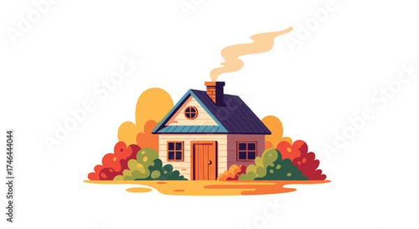 Fototapeta A cozy cottage with smoke coming from the chimney and surrounding trees.