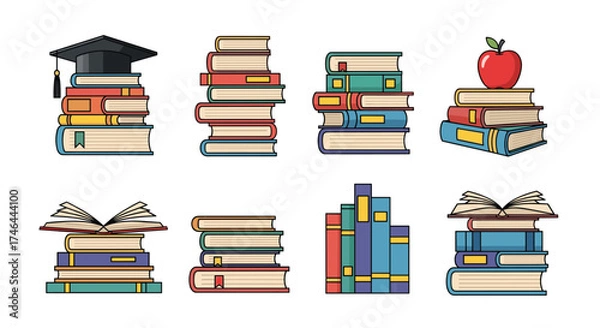 Fototapeta A collection of pixel art illustrations depicting stacks of books in various arrangements.