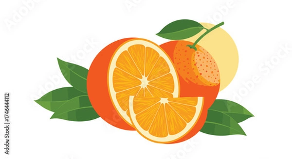 Fototapeta Fresh oranges with leaves and a slice on a white background.