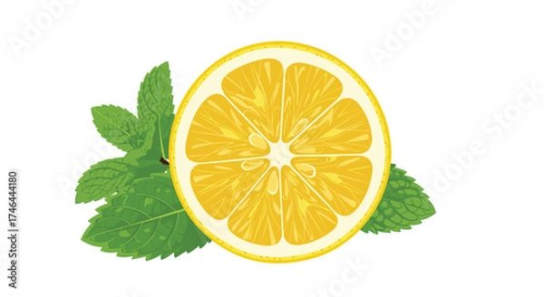 Fototapeta A refreshing slice of lemon with green mint leaves.