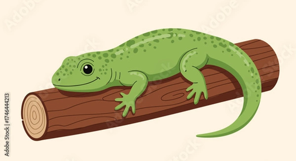 Fototapeta A small green lizard rests on a wooden branch.