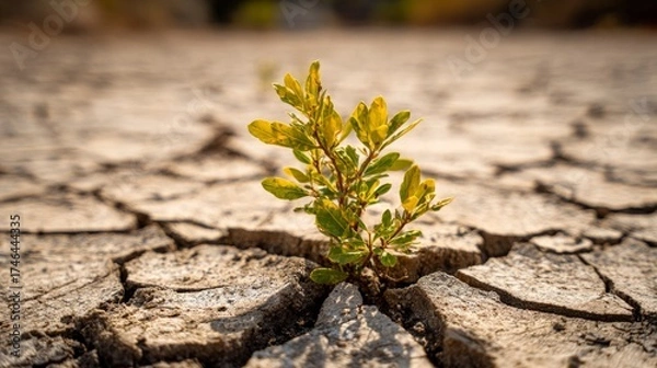 Fototapeta Green plant emerging from dry cracked earth, symbolizing resilience and hope in harsh conditions, showcasing nature's ability to thrive in adversity