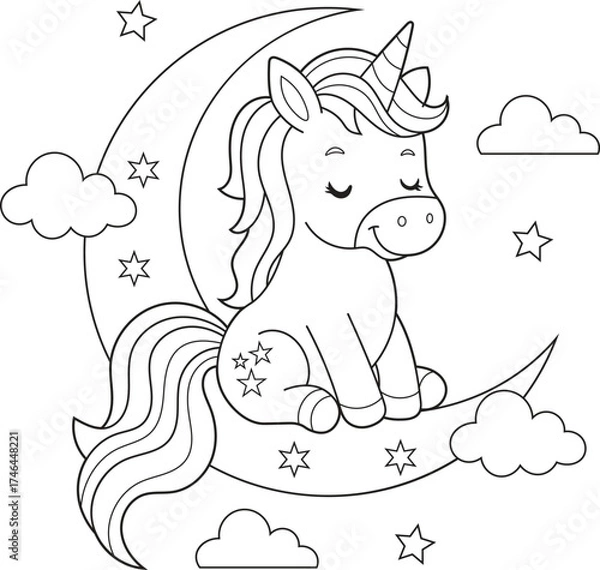 Fototapeta Illustration of a Magical Unicorn Resting on the Moon. Dreamy Printable Coloring Sheet for Children. Bold and Easy Coloring Page for Kids.