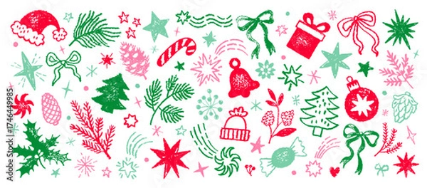 Fototapeta Christmas doodle icons. Xmas sketch crayon holly plant, tree, bow, gift. Doodle vector illustration. Winter and Xmas holiday element. Cute kid hand drawn pattern. Vintage chalk Merry Christmas line bg