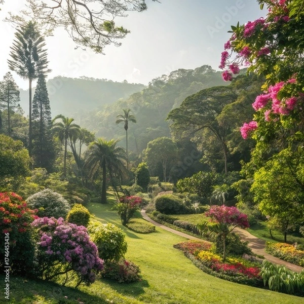 Fototapeta Dans un jardin suspendu luxuriant, chaque plante et fleur brille d'une lumière intérieure. Au milieu, une personne médite sur un coussin de lotus, entourée 