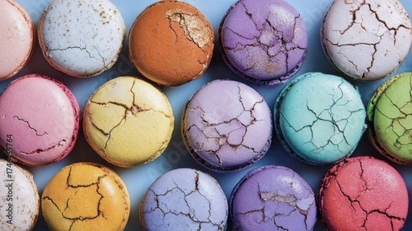 Fototapeta Colorful cracked macarons arranged in a top view display, showcasing vibrant hues and unique textures, perfect for dessert lovers and culinary enthusiasts seeking visual inspiration