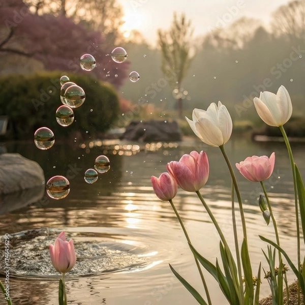 Fototapeta Tulips ethereal drifting with bubbles in a pond earth tones