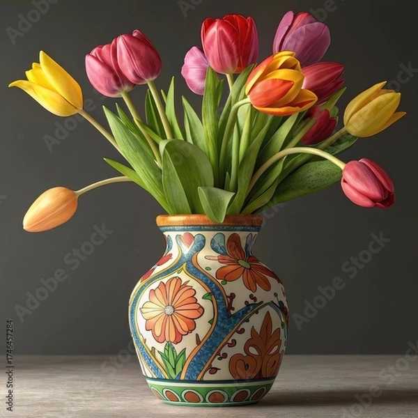 Fototapeta vibrant tulips in a colorful, ceramic, vibrant bold flower vase, solid color background, 3D, 8k, realistic