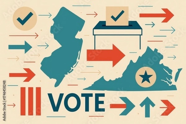 Fototapeta Modern illustration of voting process with checkmarks, ballot box, and maps of New Jersey and Virginia.