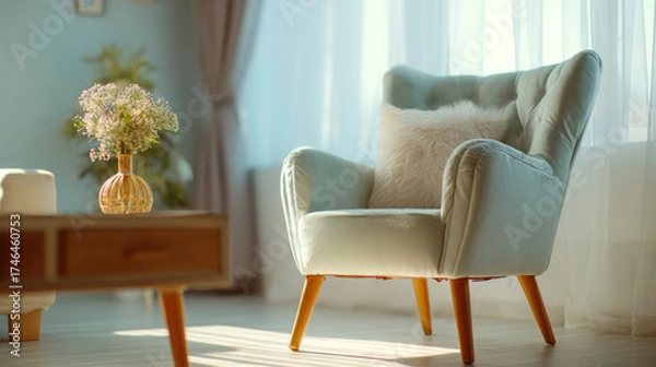 Fototapeta Cozy beige armchair with wooden legs and a round table featuring dried flowers, creating a warm and inviting atmosphere in a modern minimalist interior.