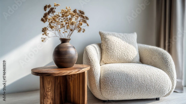 Fototapeta Cozy beige armchair with wooden legs and a round table featuring dried flowers, creating a warm and inviting atmosphere in a modern minimalist interior.