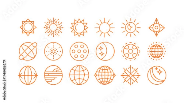 Fototapeta Set of sun moon star globe planet vector icons celestial space astrology astronomy graphic design elements 100