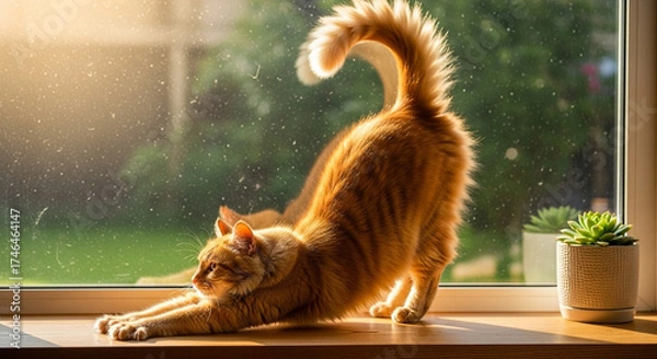 Fototapeta A cat stretching on a windowsill with soft morning light