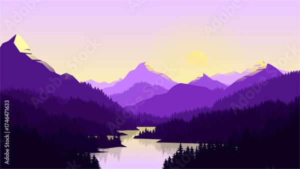 Obraz Flat Design Purple Mountain Range at Sunset
