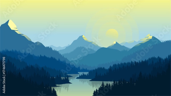 Fototapeta Blue Flat Design Mountain Range with Forest and Lake