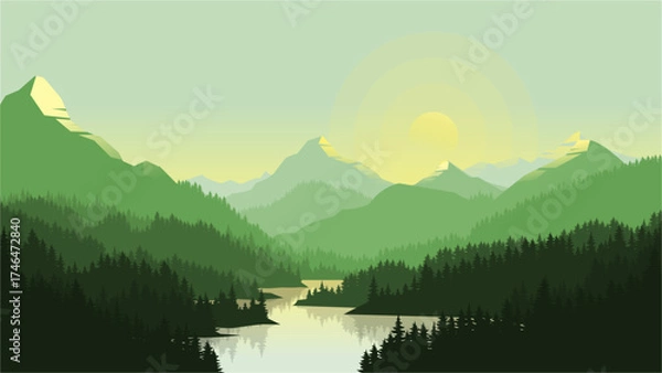 Fototapeta Green Flat Design Mountain Background with Forest Silhouette