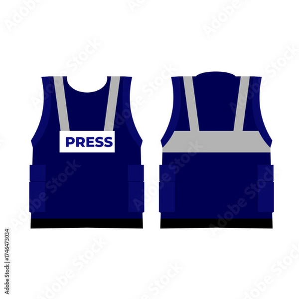 Fototapeta Blue vest labeled PRESS, protective identity wear during coverage, flat art design style.
