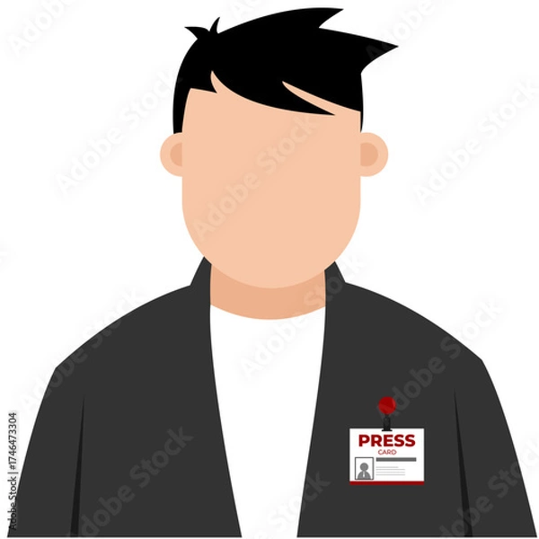 Fototapeta Male journalist wearing a press card on his shirt, ready for field reporting, flat art design style.
