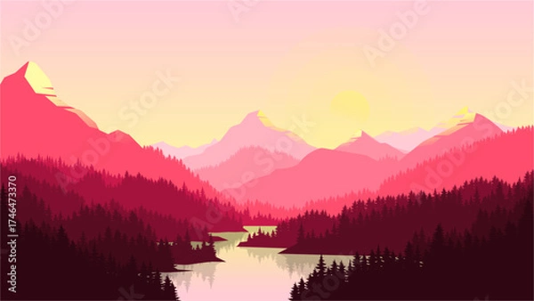 Fototapeta Minimal Pink Flat Design Mountain Range Background