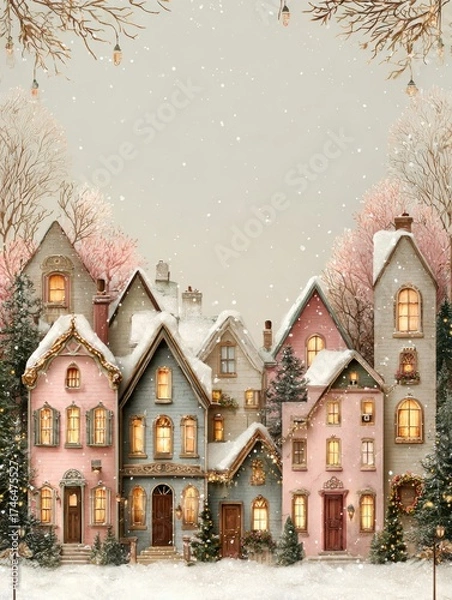 Fototapeta Beautiful winter scene of charming pastel houses adorned with lights during a gentle snow fall in a serene neighborhood