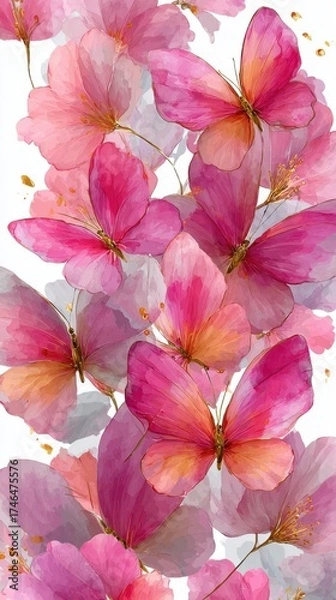 Fototapeta Colorful butterflies fluttering among soft pink flowers in a beautiful floral pattern