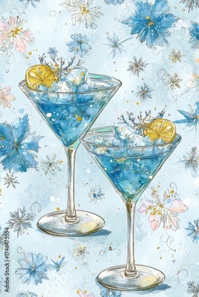 Fototapeta Refreshing blue drinks with lemon and ice in elegant glasses on a floral patterned background