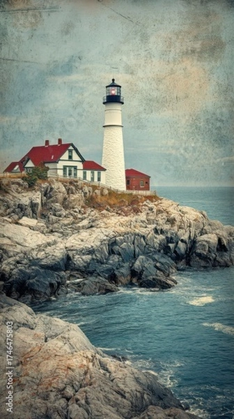Fototapeta Lighthouse stands tall on rocky coastline with ocean waves gently crashing against the shore during overcast day