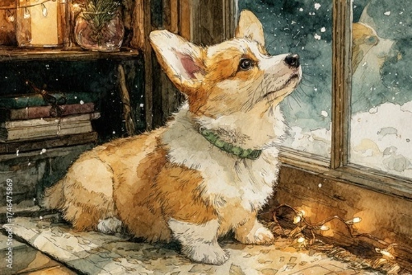 Fototapeta Corgi observes falling snow from a cozy room, surrounded by warmth and holiday lights