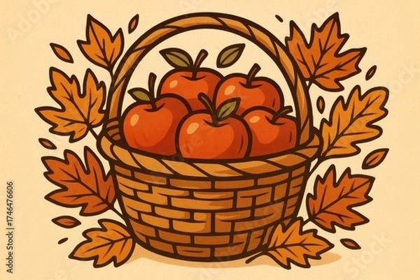 Fototapeta Basket of red apples surrounded by autumn leaves in a warm, cozy illustration with fall themed colors.