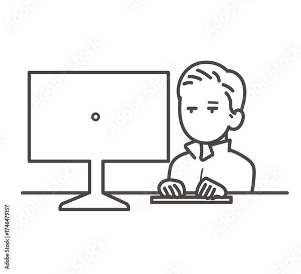 Obraz デスクトップパソコンで仕事をする土木技師の男性のイラスト　線画のみ
