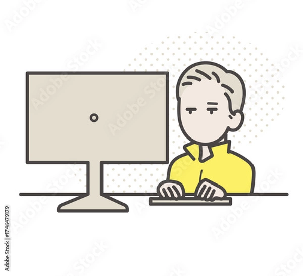 Obraz デスクトップパソコンで仕事をする土木技師の男性のイラスト