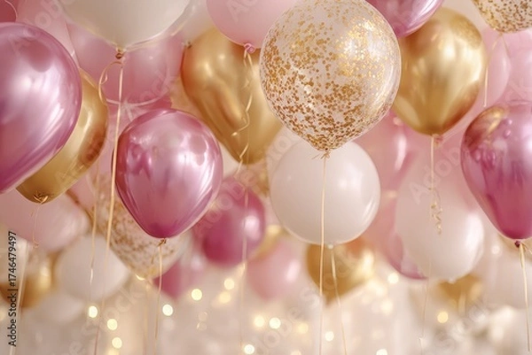Obraz festive arrangement of balloons, gold and pink color scheme, celebration theme, crisp lighting 