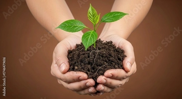 Fototapeta Nurturing new life hands holding seedling with rich soil symbolizing growth and renewal, a powerful visual for environmental awareness and sustainable living initiatives
