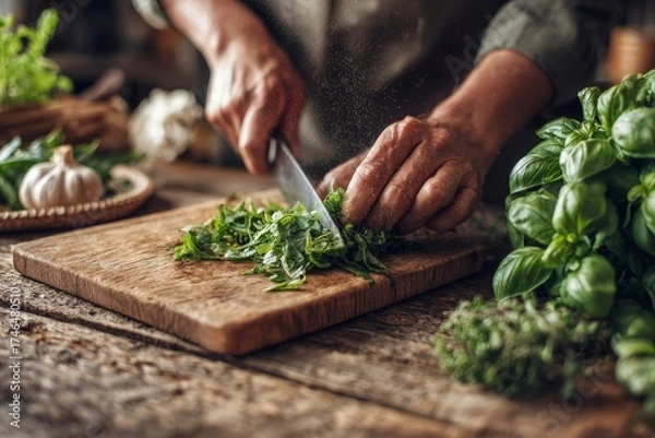 Obraz hands cutting basil leaves over wooden board, food preparation close-up, rustic kitchen