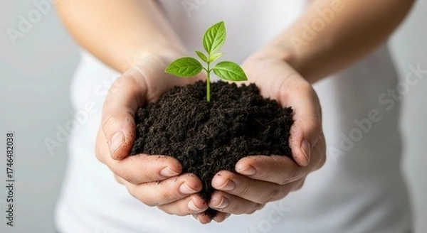 Fototapeta Nurturing new life with care, hands gently holding fertile soil and a vibrant green sprout, symbolizing growth, sustainability, and environmental responsibility for a better future