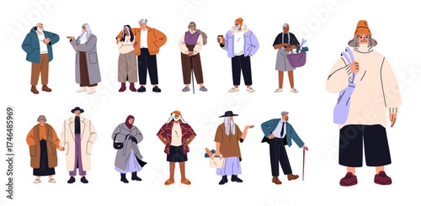 Obraz Set of fashion elderly. Old men and women are in stylish clothes. Happy modern senior couples are trendy. Diverse aged people are standing. Flat isolated vector illustrations on white background.