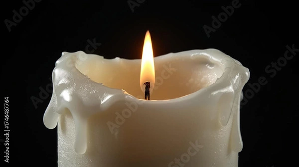 Obraz Close up of burning candle with dripping wax against black background