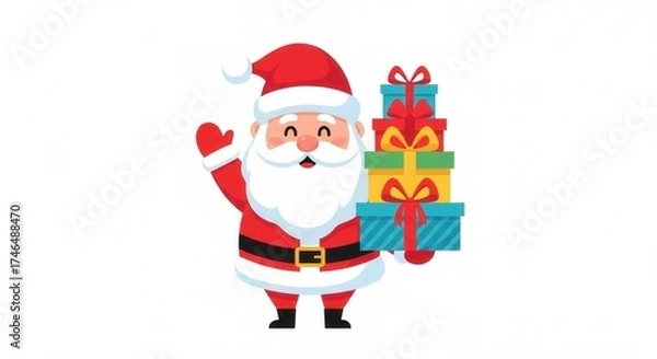 Fototapeta Cheerful Santa Claus Holding Colorful Presents and Waving Hello