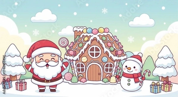 Fototapeta Cheerful Santa and Snowman by Sweet Gingerbread House Scene