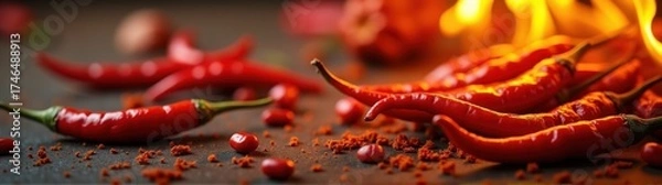 Obraz Many red chili peppers on a table with flames in the background