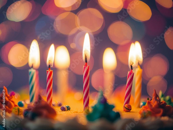 Obraz Festive birthday cake adorned with brightly lit candles and bokeh background