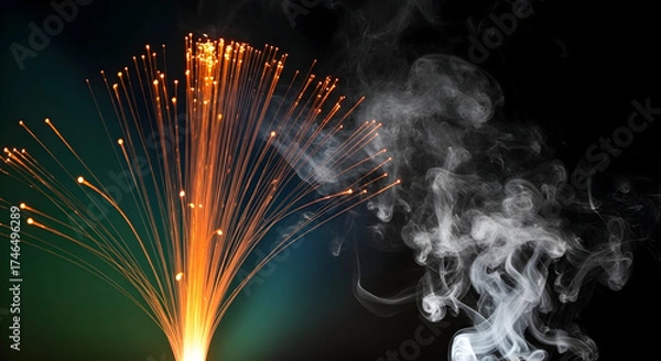 Fototapeta A vibrant fiber optic display with orange glowing tips juxtaposed against wisps of white smoke on black