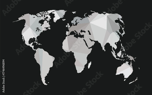 Fototapeta Polygonal geometric world map design on black background, vector illustration.
