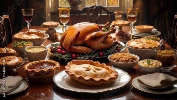Fototapeta Thanksgiving Feast with Roasted Turkey and Pies on a Dining Table.