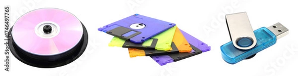 Fototapeta Set of vintage data storage including floppy disk, CD, and USB flash drive isolated on transparent background