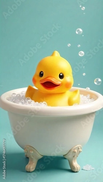 Fototapeta Cheerful Yellow Rubber Ducky in a Bubbly Bathtub, Ready for Bath Time Fun A Playful Image Perfect for Childhood, Hygiene, and Joyful Moments