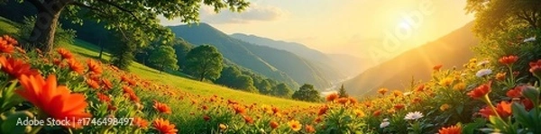 Fototapeta Sun-Drenched Summer Landscape Lush Greenery, Vibrant Flowers, Bright Sunlight